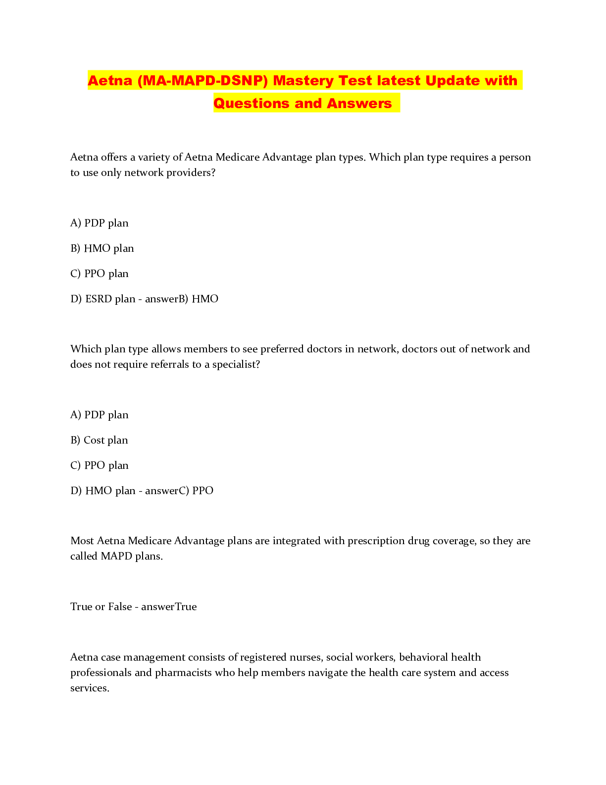 Preview image for Aetna ma mapd dsnp mastery test latest update with questions and answers